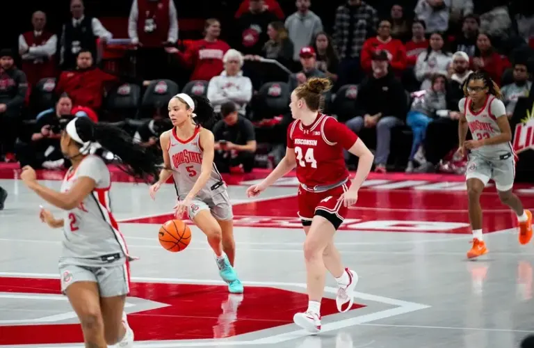 Ohio State Buckeyes guard Ava Watson (5) dribbles the ball in the second half of the NCAA basketball game at Value City Arena on Thursday, Jan. 29, 2026 in Columbus, Ohio.