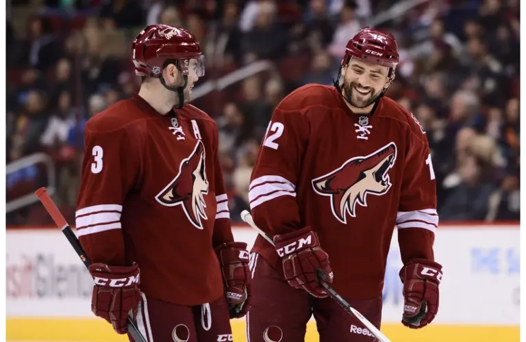 Dec 14, 2013; Glendale, AZ, USA; Phoenix Coyotes forward Paul Bissonnette (12) talks with teammate defensemen Keith Yandle (3) on the ice against the Carolina Hurricanes in the first period at Jobing.com Arena. Mandatory Credit: Jennifer Stewart-Imagn Images