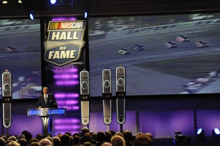 an 29, 2014; Charlotte, NC, USA; NASCAR Sprint Cup Series driver Dale Jarrett makes a speech after being inducted into the NASCAR hall of fame during the induction ceremony at NASCAR Hall of Fame