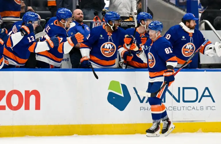 Jan 28, 2026; Elmont, New York, USA; New York Islanders left wing Ondrej Palat (81) celebrates his goal against the New York Rangers during the first period at UBS Arena.