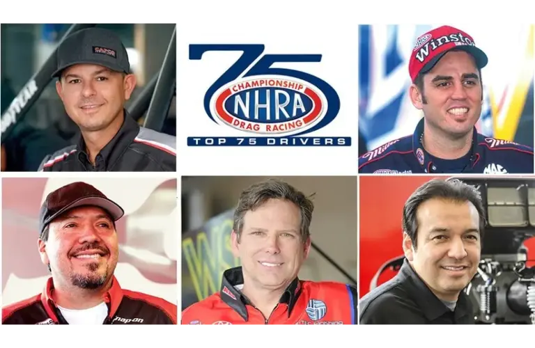 Collage of five men smiling, showcasing top NHRA drag racing Top 75 drivers. Center features NHRA logo. Mood is celebratory and professional.