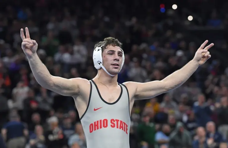 Mar 22, 2025; Philadelphia, PA, USA; Jesse Mendez of the Ohio State Buckeyes celebrates win during the Division I Men's Wrestling Championship held at Wells Fargo Center. He won at Penn State Friday.