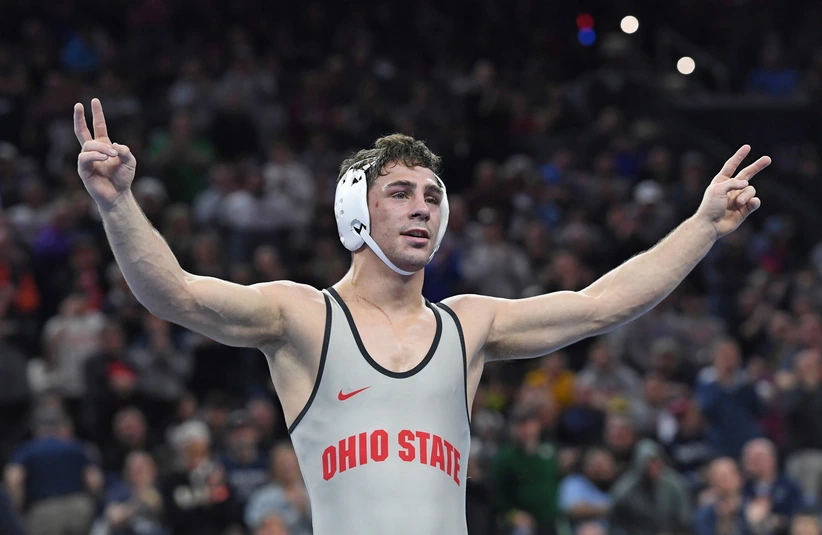 Mar 22, 2025; Philadelphia, PA, USA; Jesse Mendez of the Ohio State Buckeyes celebrates win during the Division I Men's Wrestling Championship held at Wells Fargo Center. He won at Penn State Friday.