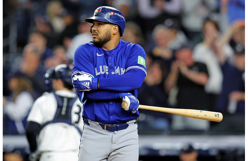 Oct 8, 2025; Bronx, New York, USA; Toronto Blue Jays right fielder Anthony Santander (25) reacts to striking out to end the fourth inning against the New York Yankees during game four of the ALDS round for the 2025 MLB playoffs at Yankee Stadium.