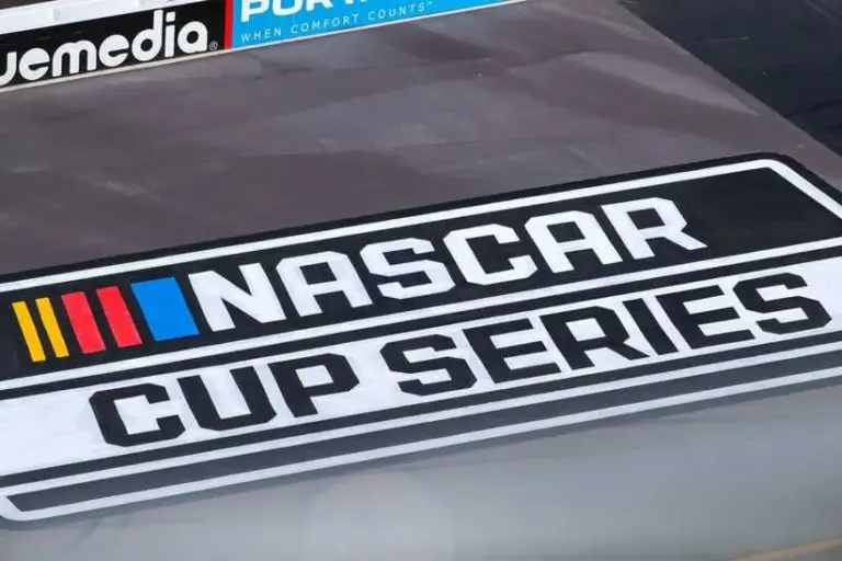The NASCAR Cup Series logo printed on the front stretch on Mar. 6, 2020 at Phoenix Raceway in Avondale, AZ.