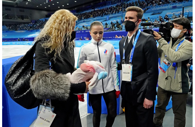Feb 17, 2022; Beijing, China; Kamila Valieva (ROC) reacts after her routine in the women s figure skating free program during the Beijing 2022 Olympic Winter Games at Capital Indoor Stadium.