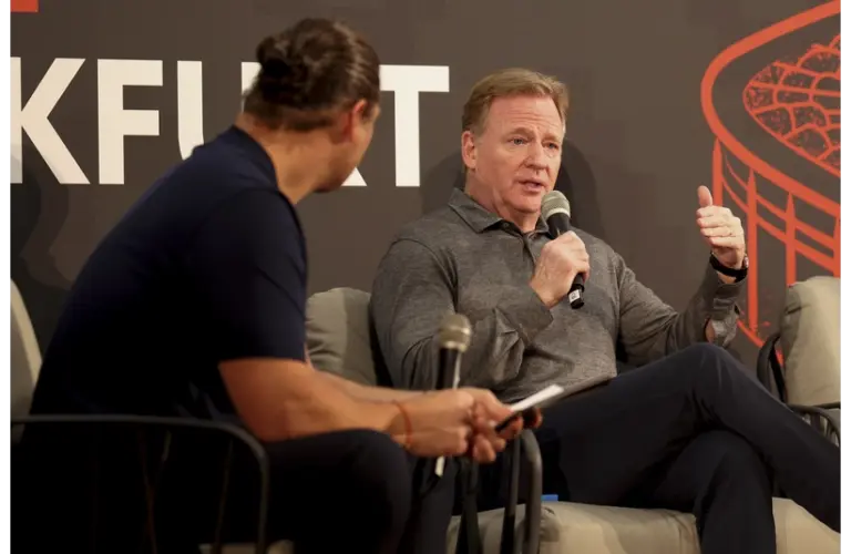 NFL commissioner Rodger Goodell speaks during a fan forum at Steigenberger Frankfurter Hof Hotel.