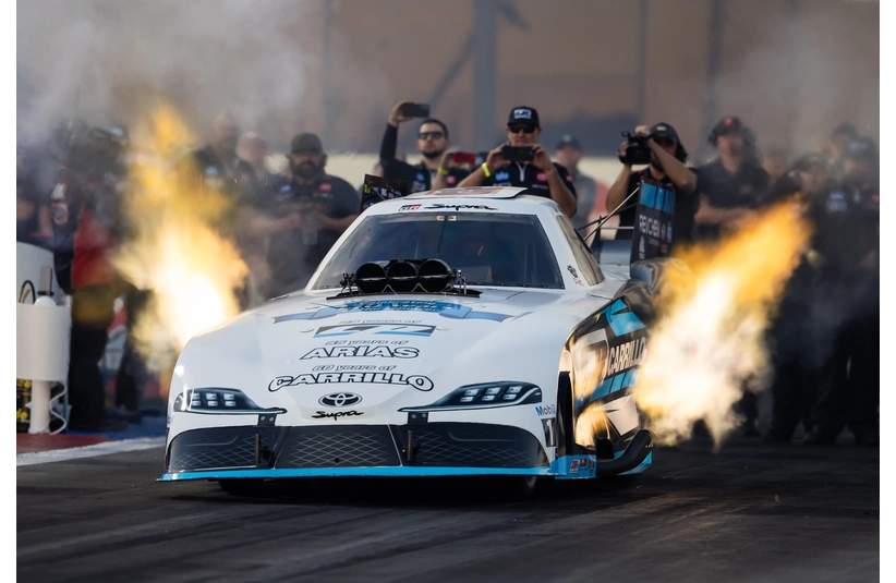 Nov 10, 2023; Pomona, CA, USA; NHRA funny car driver Del Worsham during qualifying for the NHRA Finals at In-N-Out Burger Pomona Dragstrip. Mandatory Credit: Mark J. Rebilas-Imagn Images