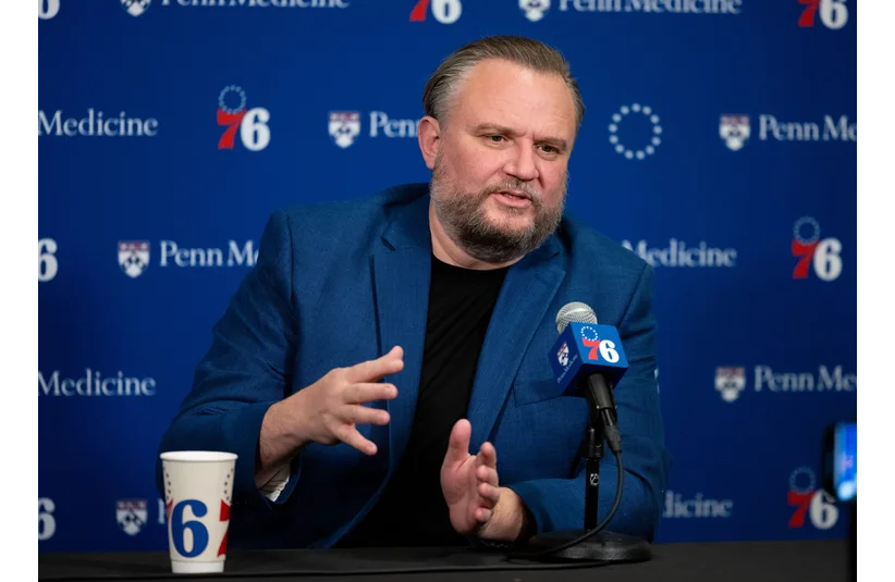 76ers resident of Basketball Operations Daryl Morey speaks with the media before a game against the Pistons
