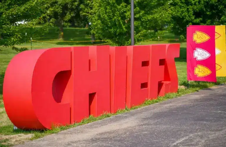 A general view of large Chiefs logo letters set up for fan photos during training camp at Missouri Western State University.