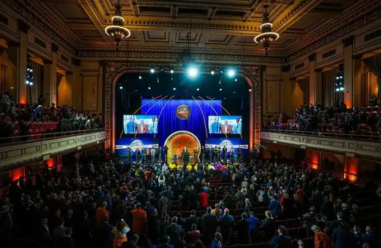 Class of 2024 inductees and their representatives share the stage at the conclusion of the Naismith Memorial Basketball Hall of Fame Enshrinement at Symphony Hall Springfield.