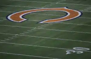 Chicago Bears logo at midfield before a game against the Seattle Seahawks at Soldier Field.