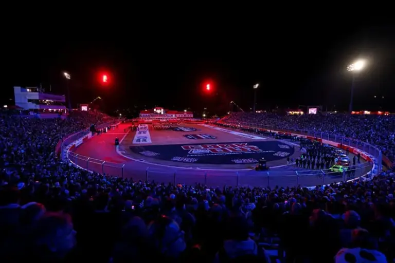 Entry List; Feb 2, 2025; WInston-Salem, North Carolina, USA; An overall view of the stadium during the national anthem before the Clash at Bowman Gray at Bowman Gray Stadium.