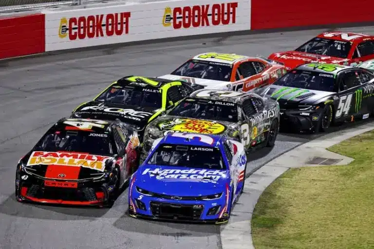 Feb 2, 2025; WInston-Salem, North Carolina, USA; NASCAR Cup Series driver Kyle Larson (5) and NASCAR Cup Series driver Erik Jones (43) during the last change qualifying race for the Clash at Bowman Gray at Bowman Gray Stadium.