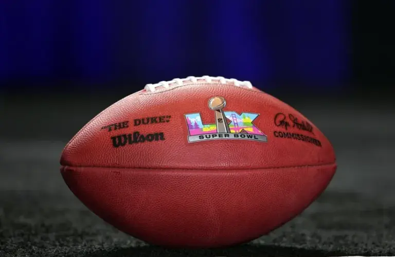 A Wilson official NFL Duke football with the Super Bowl LX (60) logo at the Super Bowl LIX host committee handoff press conference