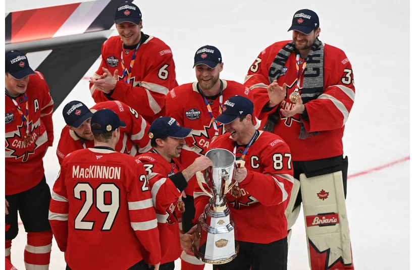 The Canada hockey team celebrating the Four Nations Faceoff victory