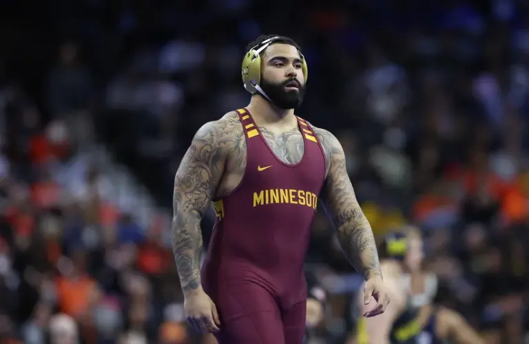 Gable Steveson of Minnesota looks on before the quarterfinals of the NCAA Wrestling Championships at Wells Fargo Center.