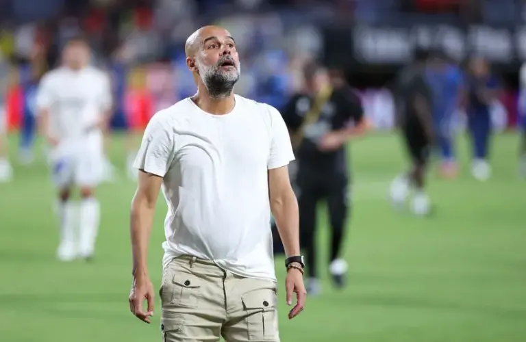 Manchester City head coach Pep Guardiola reacts after losing to Al Hilal FC during a round of 16 match of the 2025 FIFA Club World Cup at Camping World Stadium