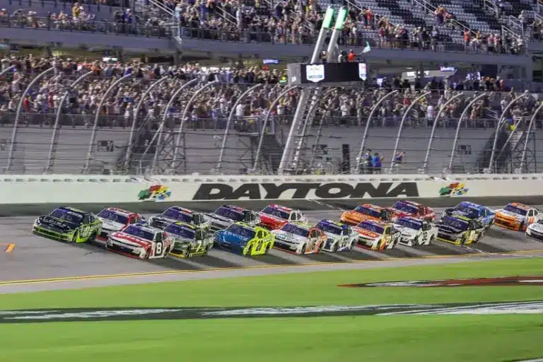 Aug 22, 2025; Daytona Beach, Florida, USA; Drivers get the green flag to start the Wawa 250 at Daytona International Speedway.