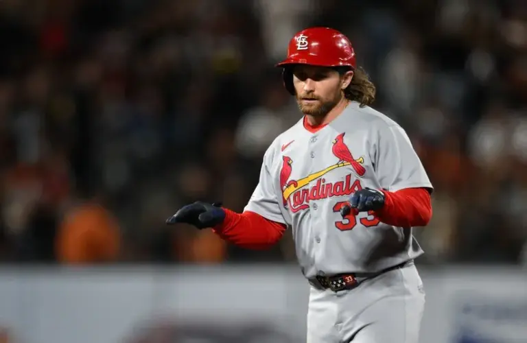 St. Louis Cardinals second baseman Brendan Donovan (33) celebrates his double against the San Francisco Giants