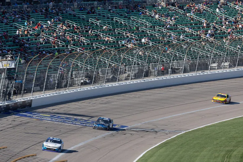Sep 27, 2025; Kansas City, Kansas, USA; Cars during the NASCAR Xfinity Playoff Race at Kansas Speedway