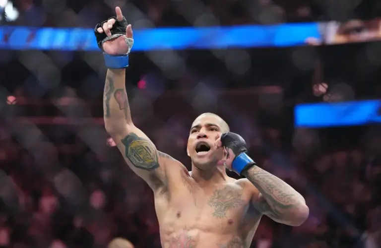 Alex Pereira reacts after the fight against Magomed Ankalaev during UFC 320