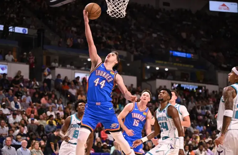 Oklahoma City Thunder guard Nikola Topic (44) lays up a shot against the Charlotte Hornets