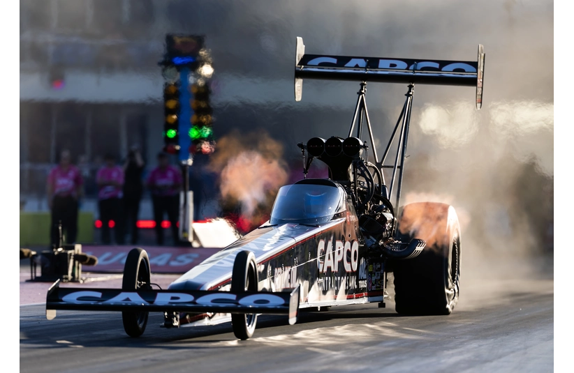 Oct 10, 2025; Ennis, TX, USA; NHRA top fuel driver Steve Torrence during qualifying for the Fall Nationals at the Texas Motorplex. Mandatory Credit: Mark J. Rebilas-Imagn Images