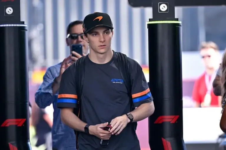 Oct 17, 2025; Austin, TX, USA; McLaren Formula 1 driver Oscar Piastri (81) of Team Australia arrives at the track before practice for the US Grand Prix at Circuit of The Americas Austin.