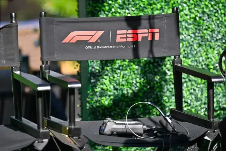 Latin America; Oct 18, 2025; Austin, TX, USA; A view of the F1 and ESPN logo and microphone set before qualifying sessions for the 2025 US Grand Prix at Circuit of The Americas Austin.