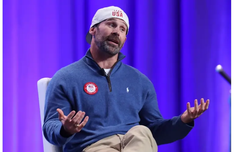 Olympic athlete Nick Baumgartner, Snowboarding, speaks with media during the U.S. Olympic Team Media Summit in preparation for the 2026 Milan Olympic Winter Games at Javits Center.