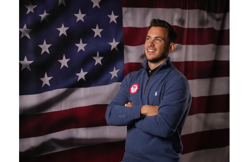 Oct 28, 2025; New York, NY, UNITED STATES; Korey Dropkin poses for a photo during the U.S. Olympic Team Media Summit in preparation for the 2026 Milan Olympic Winter Games at Javits Center. Mandatory Credit: Robert Deutsch-Imagn Images