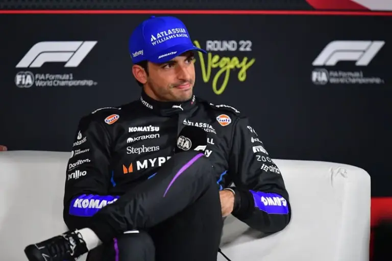 Nov 21, 2025; Las Vegas, NV, USA; Williams driver Carlos Sainz (55) speaks after qualifying third for the Las Vegas Grand Prix at Las Vegas Strip Circuit