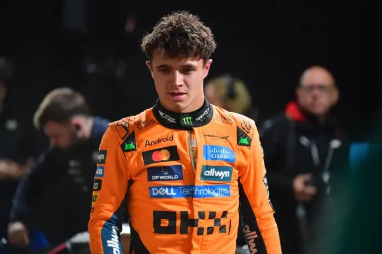 Nov 21, 2025; Las Vegas, NV, USA; McLaren driver Lando Norris (4) reacts after qualifying pole position for the Las Vegas Grand Prix at Las Vegas Strip Circuit.