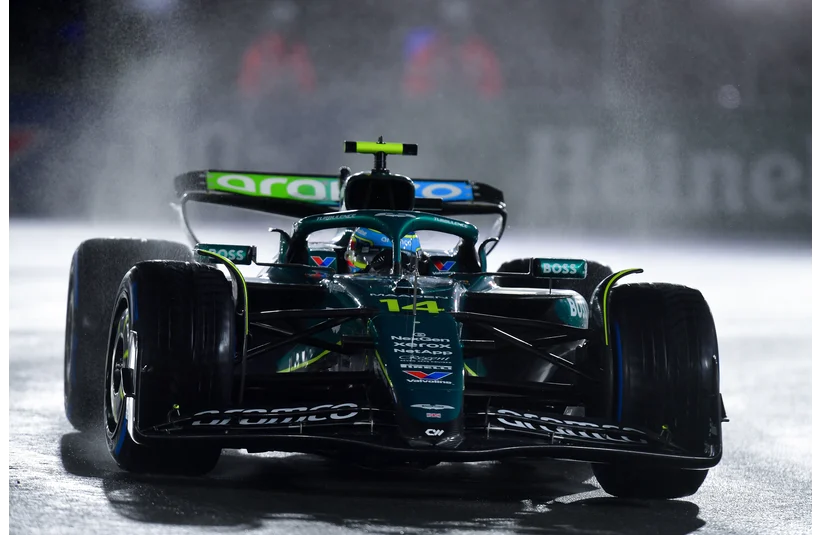 Nov 21, 2025; Las Vegas, NV, USA; Aston Martin Racing driver Fernando Alonso (14) during qualifying for the Las Vegas Grand Prix at Las Vegas Strip Circuit. Mandatory Credit: Gary A. Vasquez-Imagn Images