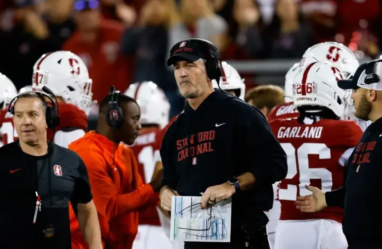 Stanford Cardinal head coach Frank Reich looks on during the second quarter against the California Golden Bears at Stanford Stadium.