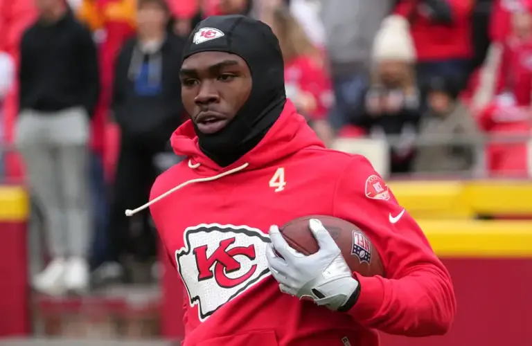 Kansas City Chiefs wide receiver Rashee Rice (4) warms up before a game against the Indianapolis Colts at GEHA Field at Arrowhead Stadium.