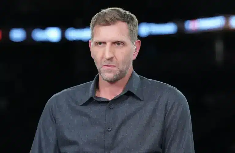 NBA on Amazon studio analyst Dirk Nowitzki during the NBA Cup semifinals at T-Mobile Arena