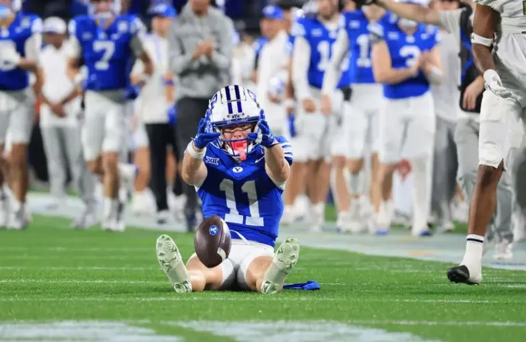 BYU Cougars wide receiver Parker Kingston (11) celebrates after a first down.