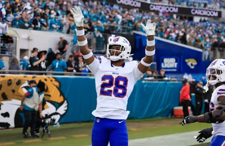 Buffalo Bills safety Sam Franklin Jr. (28) waves to the Jacksonville Jaguars crowd during the fourth quarter