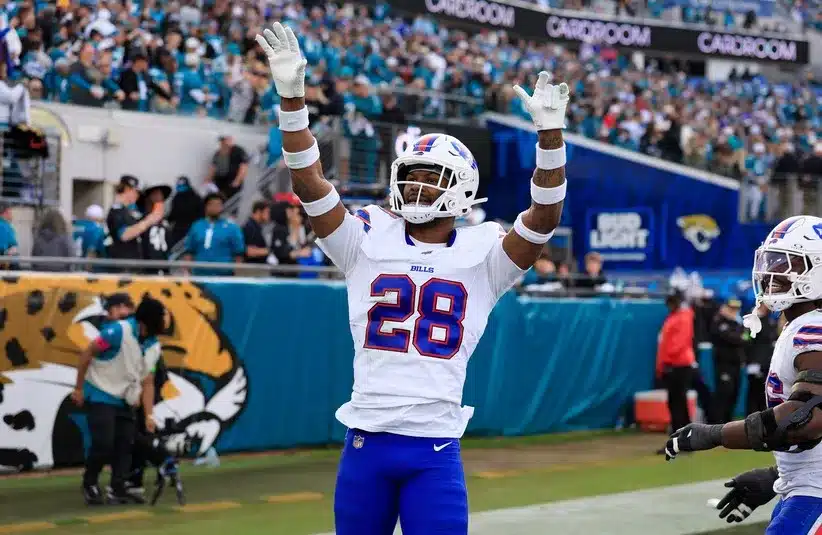 Buffalo Bills safety Sam Franklin Jr. (28) waves to the Jacksonville Jaguars crowd during the fourth quarter