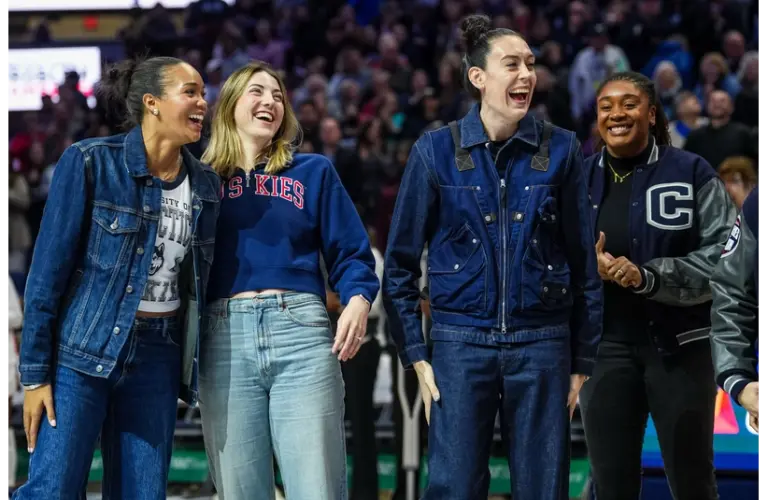 UCONN Legends and WNBA Players Breanna Stewart, Napheesa Collier, Katie Lou Samuelson at a UCONN game earlier this year.