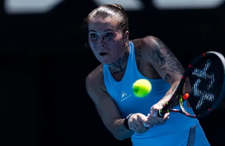 Oleksandra Oliynykova of Ukraine in action against Madison Keys of United States in the first round of the women’s singles at the Australian Open
