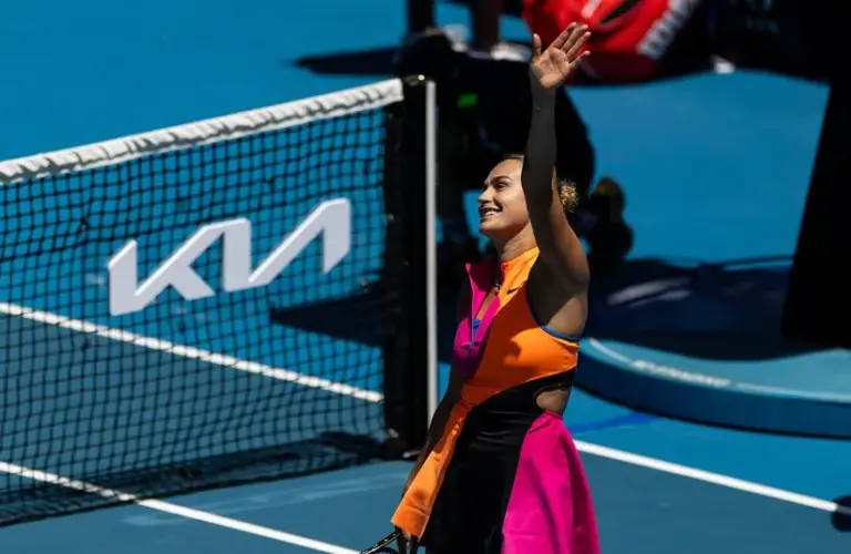 Aryna Sabalenka celebrates her victory over Victoria Mboko of Canada in the fourth round of the women’s singles at the Australian Open at Rod Laver Arena in Melbourne Park