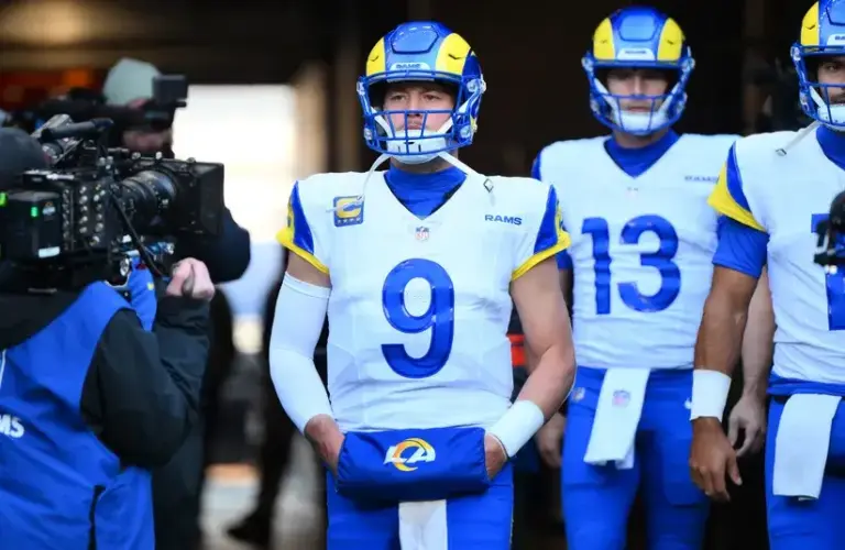 Los Angeles Rams quarterback Matthew Stafford (9) walks on field before the 2026 NFC Championship Game against the Seattle Seahawks at Lumen Field.