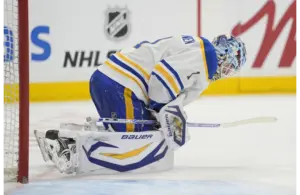 Jan 27, 2026; Toronto, Ontario, CAN; Buffalo Sabres goaltender Ukko-Pekka Luukkonen (1) reacts after a goal by Toronto Maple Leafs forward Auston Matthews (not pictured) during the first period at Scotiabank Arena.