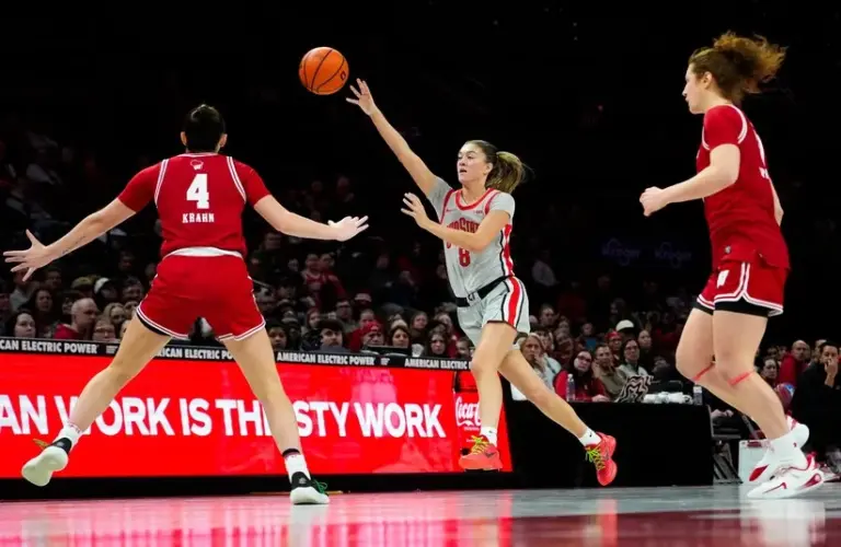 Ohio State Buckeyes guard Bryn Martin (8) passes the ball against Nebraska.