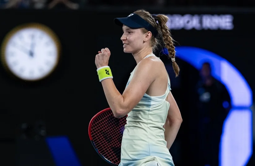 Rybakina celebrating.