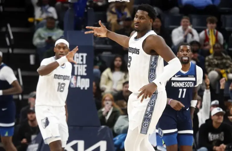 Memphis Grizzlies forward/center Jaren Jackson Jr. (8) reacts during the fourth quarter against the Minnesota Timberwolves at FedExForum.