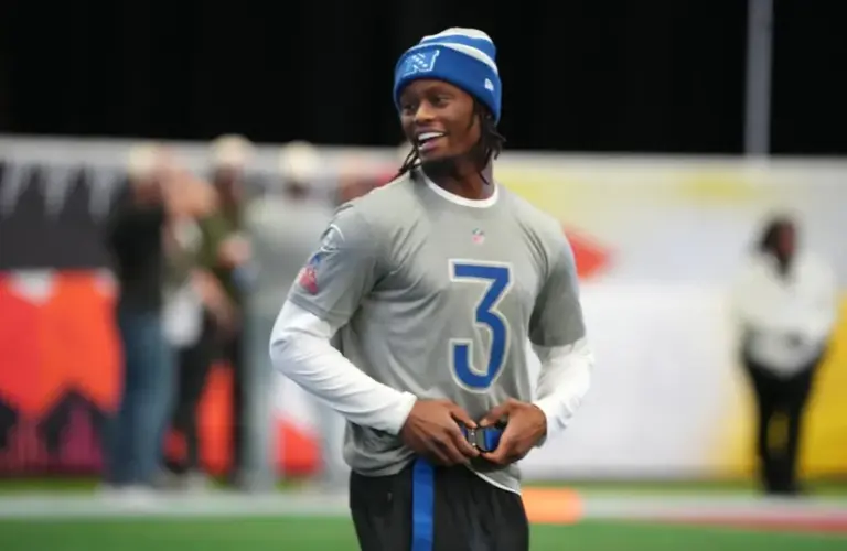 Dallas Cowboys receiver George Pickens during NFC practice at the NFL Flag Fieldhouse at Moscone Center South Building